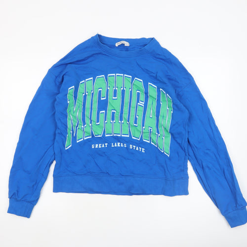 Stradivarius Women Blue Michigan Graphic Pullover Sweatshirt Size 12