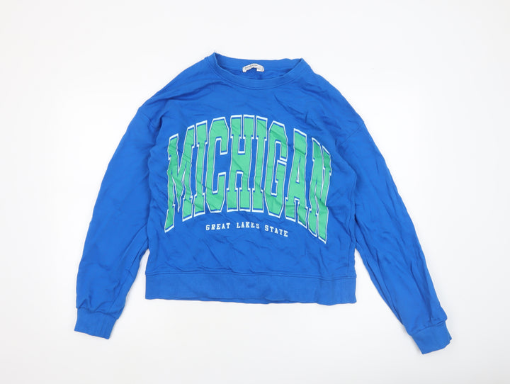 Stradivarius Women Blue Michigan Graphic Pullover Sweatshirt Size 12