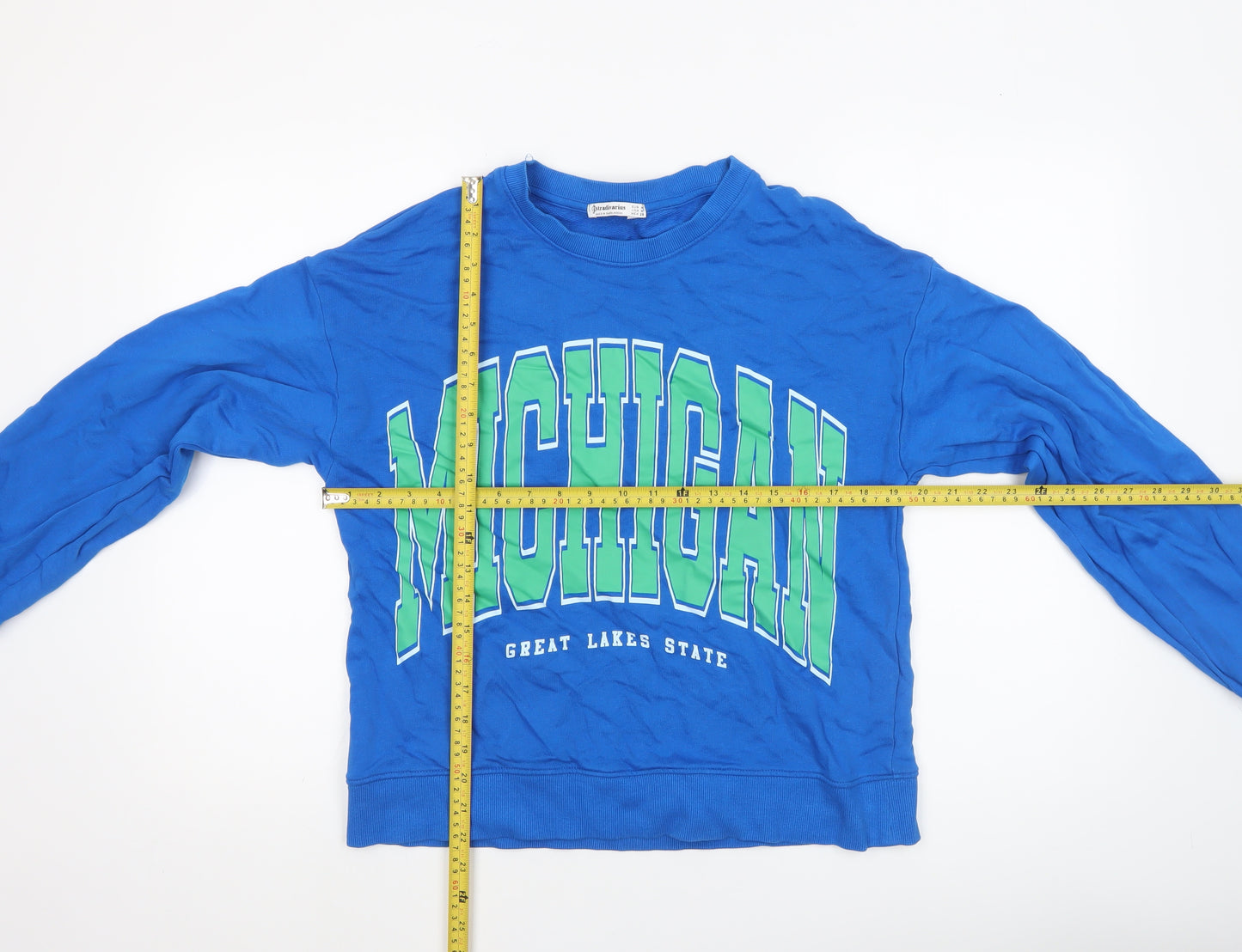 Stradivarius Women Blue Michigan Graphic Pullover Sweatshirt Size 12