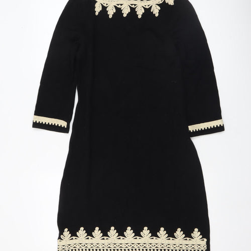 Monsoon Women's Black Embroidered Shift Dress Size S 3/4 Sleeve Cotton