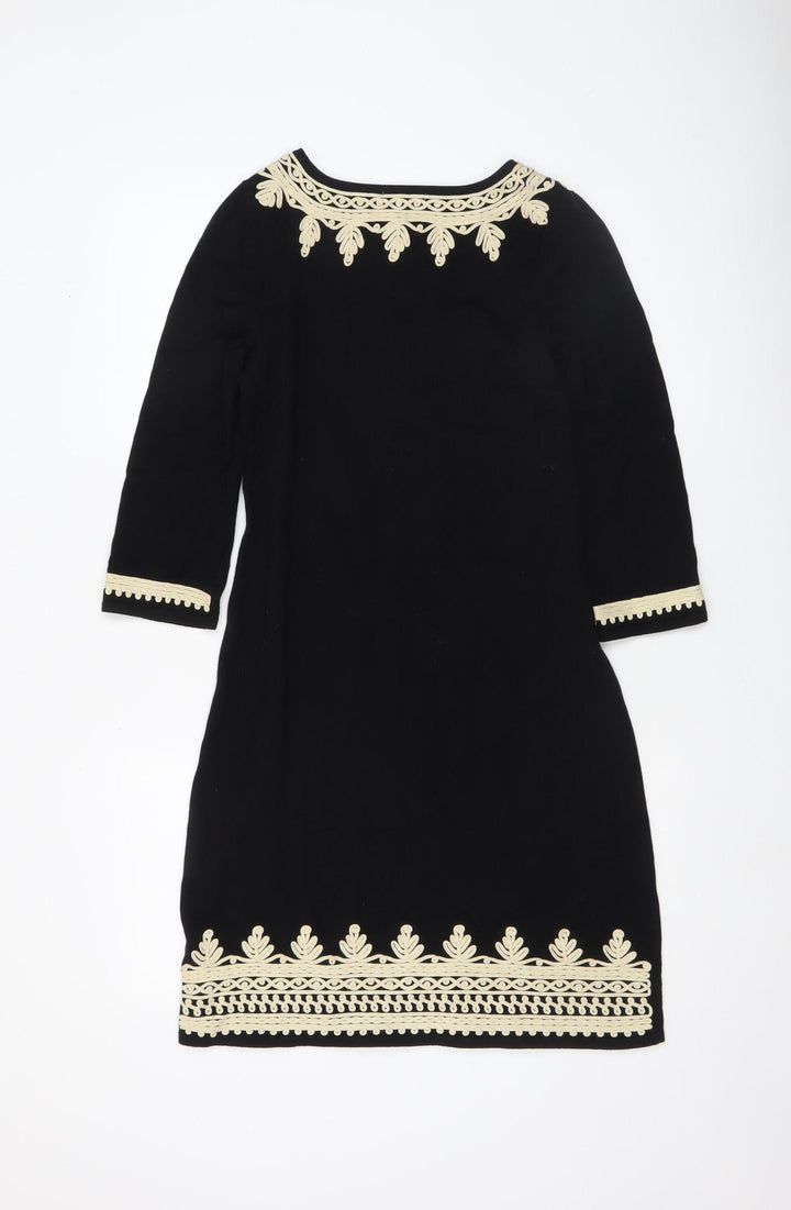 Monsoon Women's Black Embroidered Shift Dress Size S 3/4 Sleeve Cotton