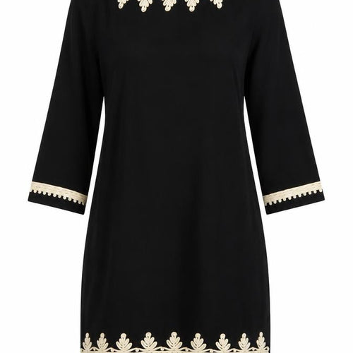 Monsoon Women's Black Embroidered Shift Dress Size S 3/4 Sleeve Cotton