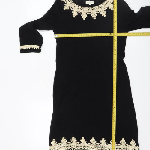 Monsoon Women's Black Embroidered Shift Dress Size S 3/4 Sleeve Cotton