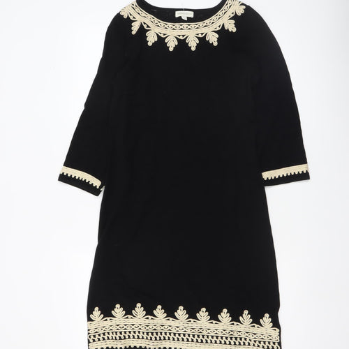Monsoon Women's Black Embroidered Shift Dress Size S 3/4 Sleeve Cotton