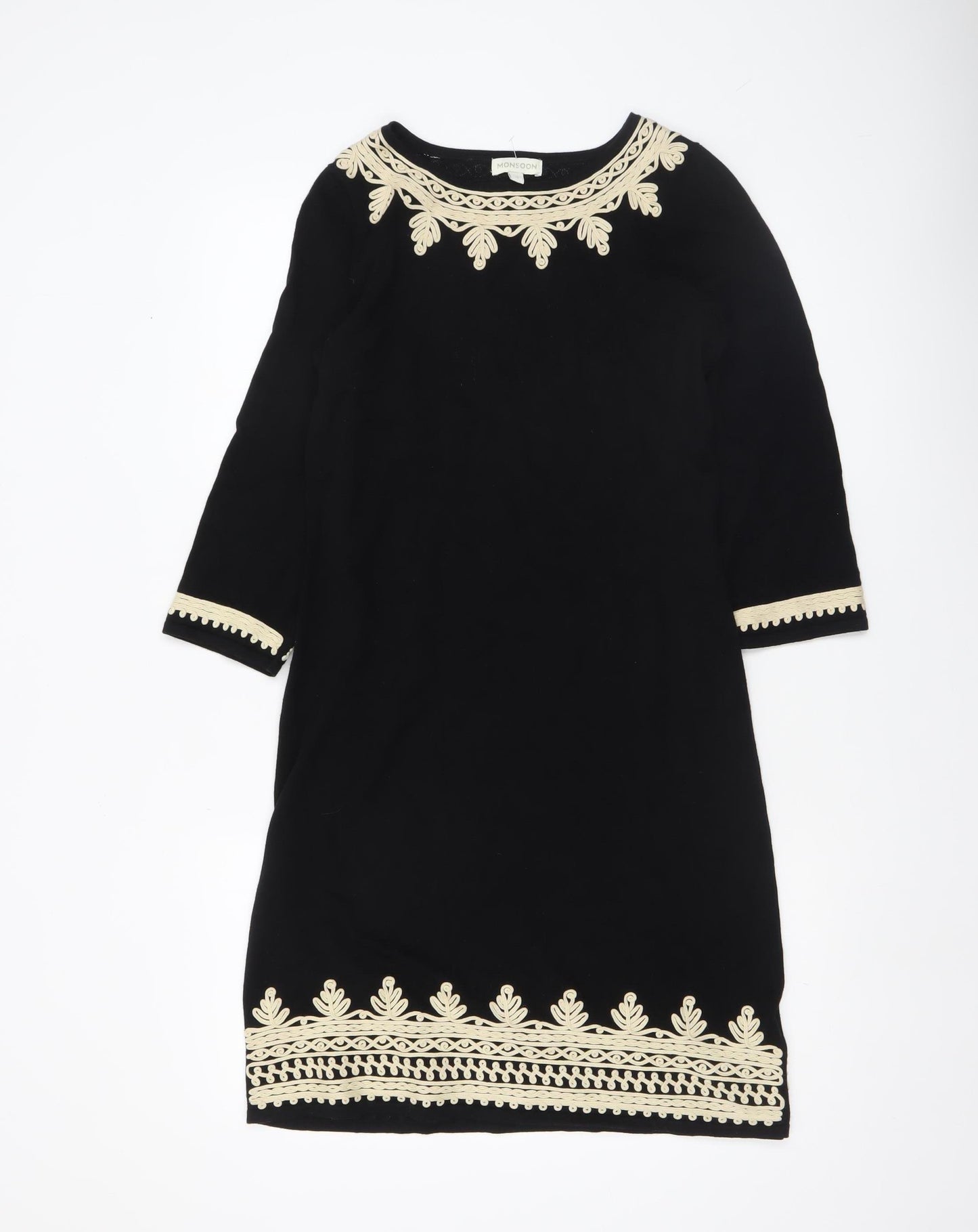 Monsoon Women's Black Embroidered Shift Dress Size S 3/4 Sleeve Cotton