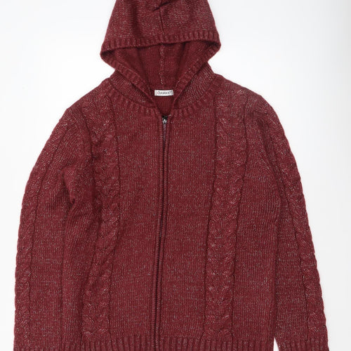 Damart Women’s Red Hooded Full Zip Cable-Knit Jumper Size 10