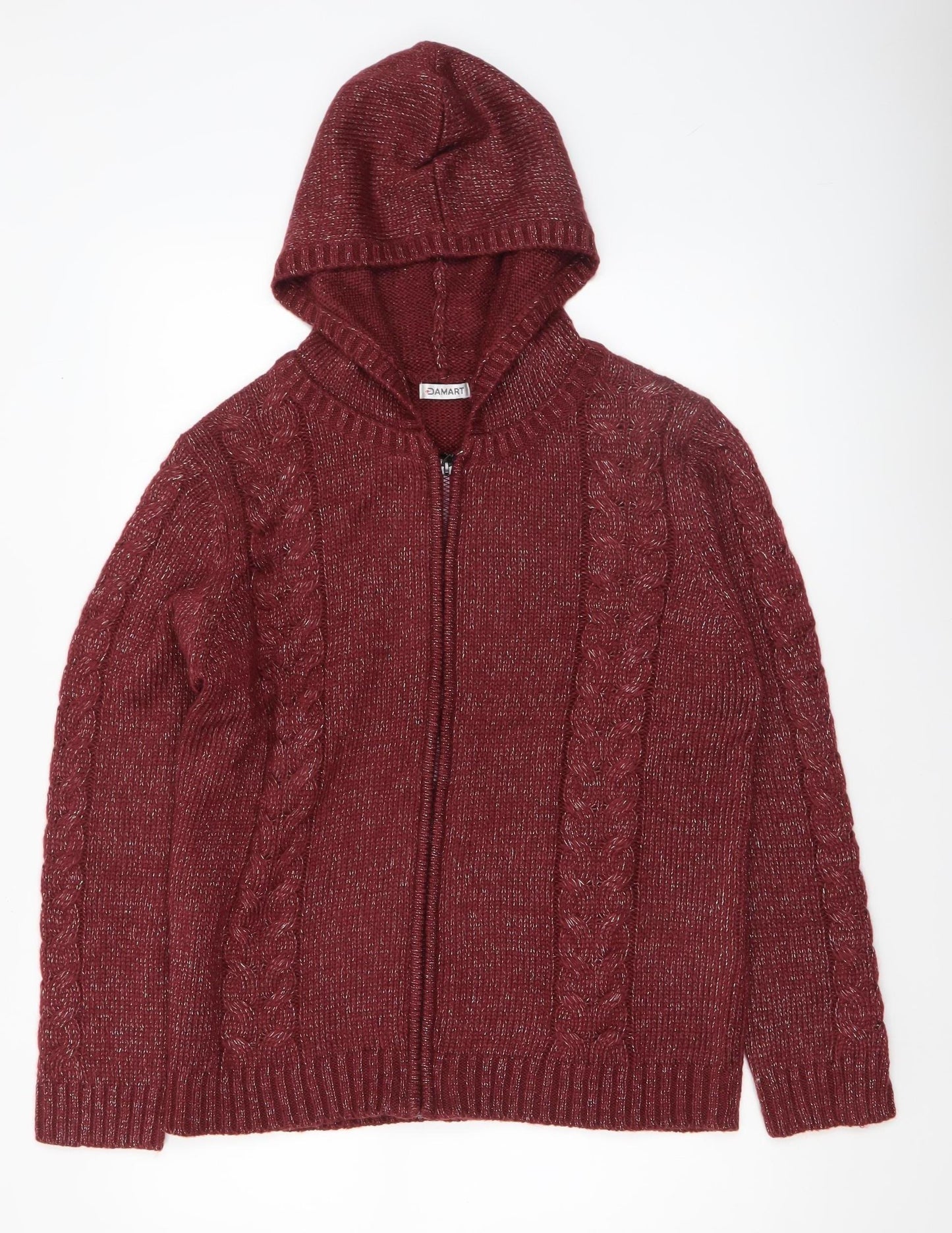 Damart Women’s Red Hooded Full Zip Cable-Knit Jumper Size 10