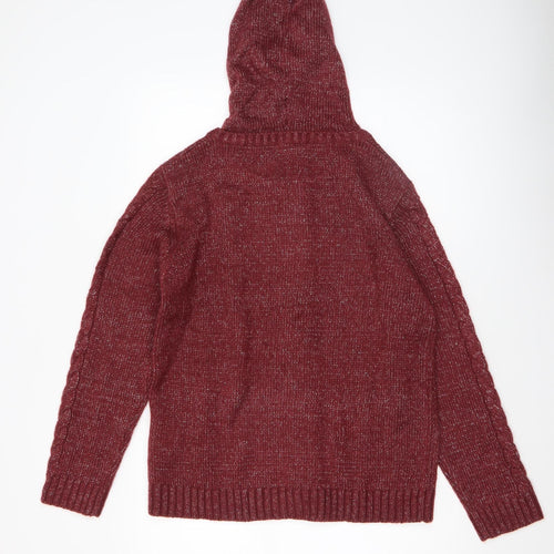 Damart Women’s Red Hooded Full Zip Cable-Knit Jumper Size 10