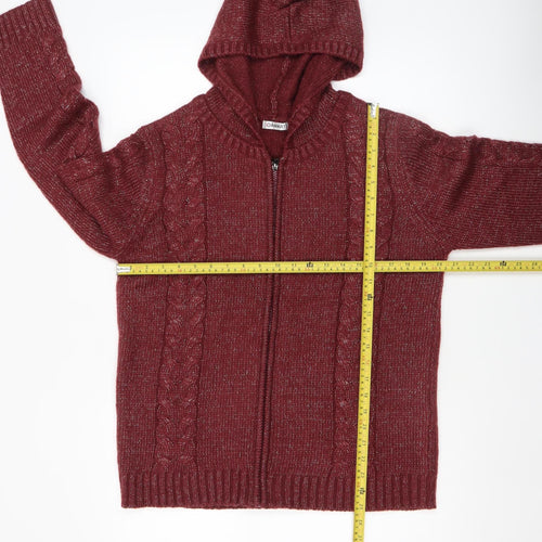 Damart Women’s Red Hooded Full Zip Cable-Knit Jumper Size 10