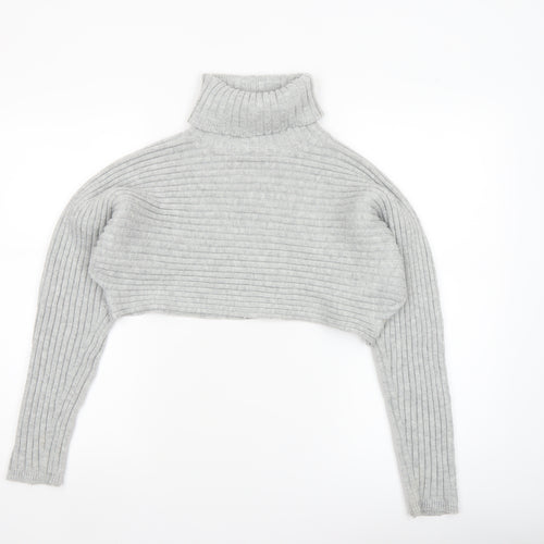 New Look Women Grey Roll Neck Rib Knit Cropped Jumper Size M
