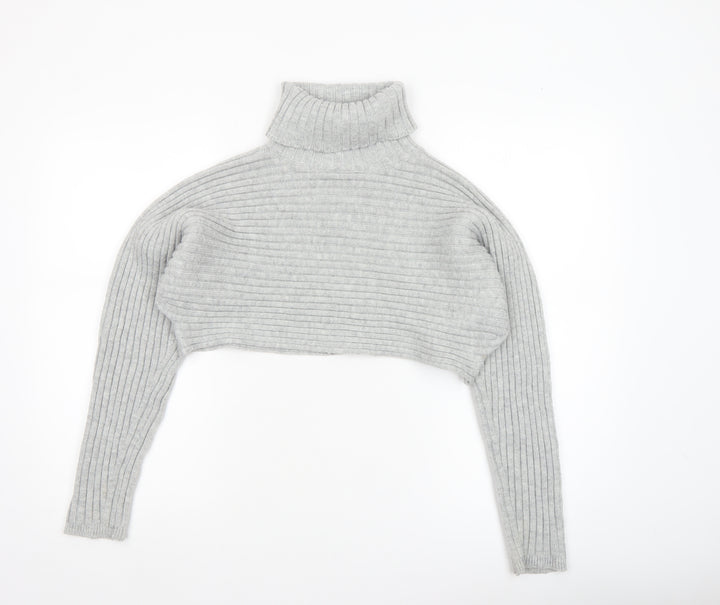 New Look Women Grey Roll Neck Rib Knit Cropped Jumper Size M