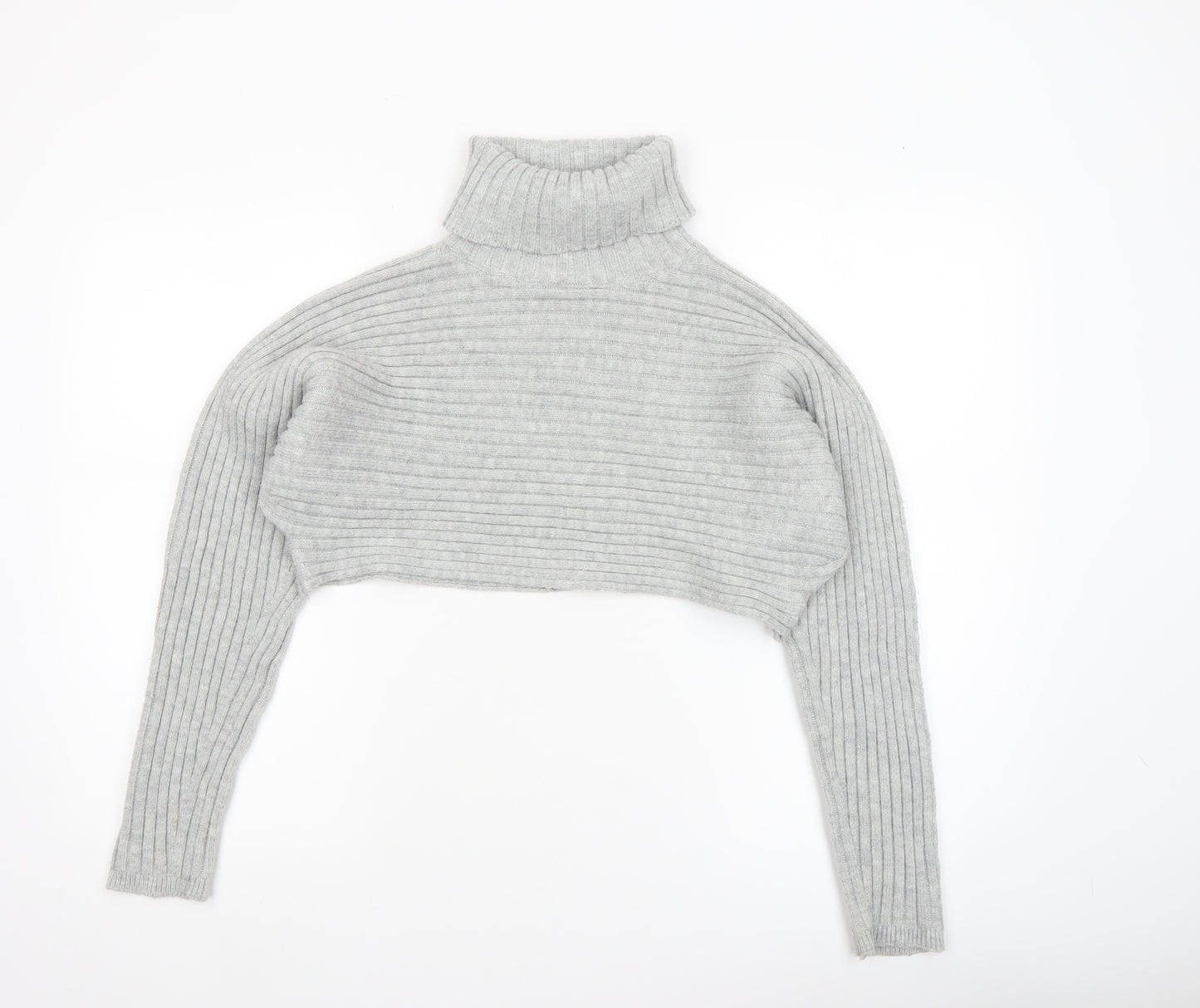 New Look Women Grey Roll Neck Rib Knit Cropped Jumper Size M