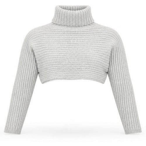 New Look Women Grey Roll Neck Rib Knit Cropped Jumper Size M