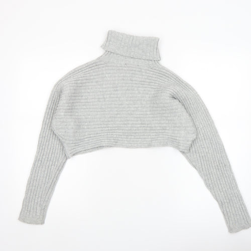 New Look Women Grey Roll Neck Rib Knit Cropped Jumper Size M