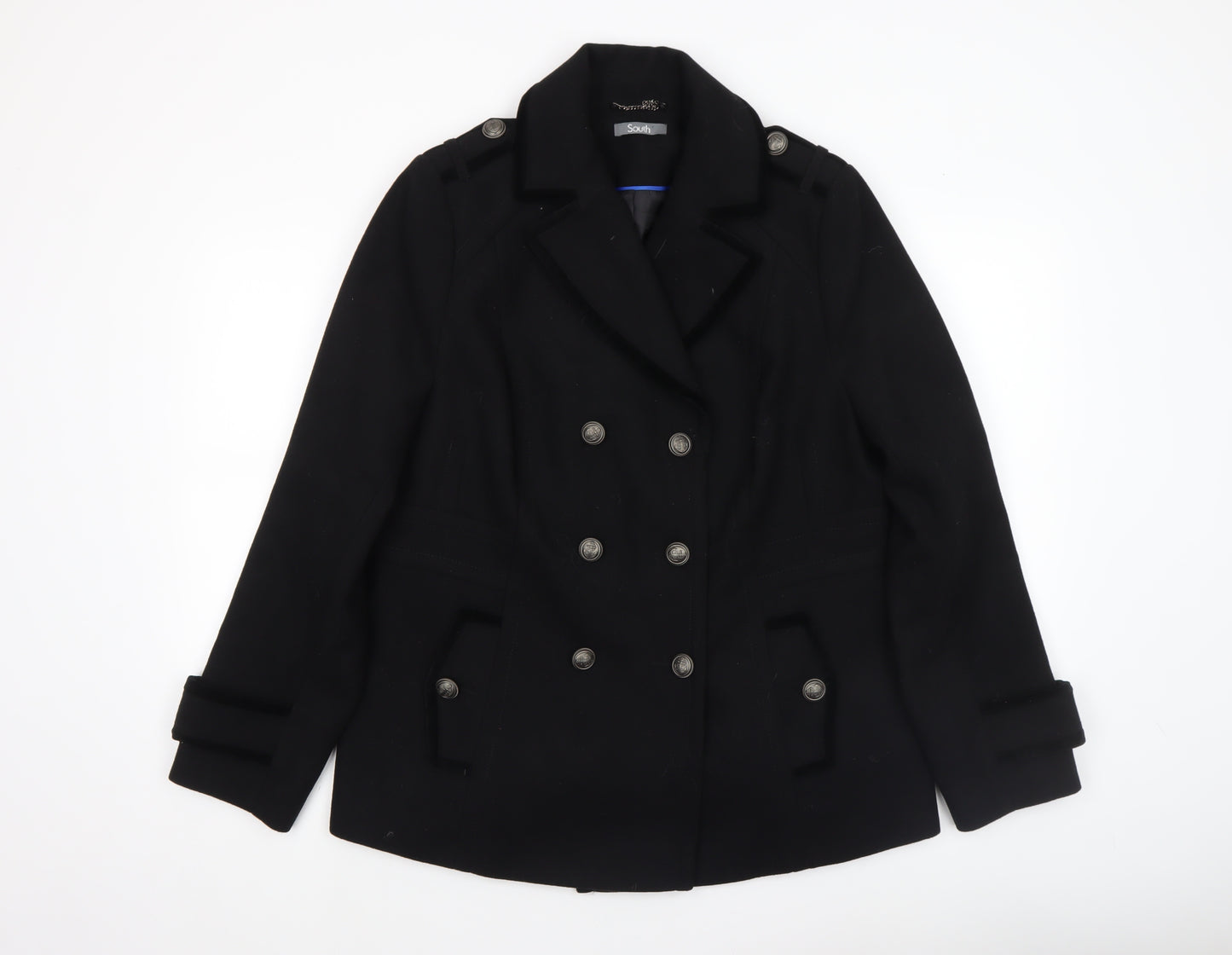 South Women Black Wool Blend Pea Coat Size 10 Classic Style
