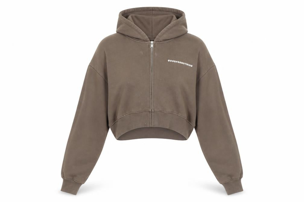 Front view of Good For Nothing Women's Brown Cropped Full Zip Hoodie, size S