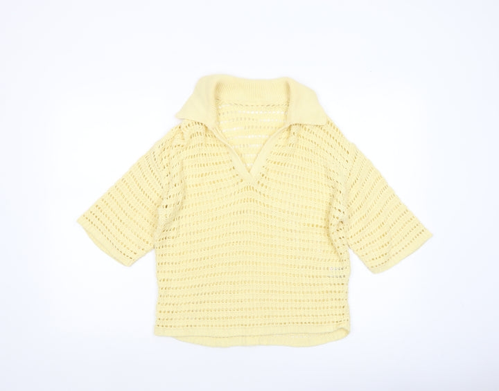Next Women's Yellow Cotton Knit Cropped Polo Top XS