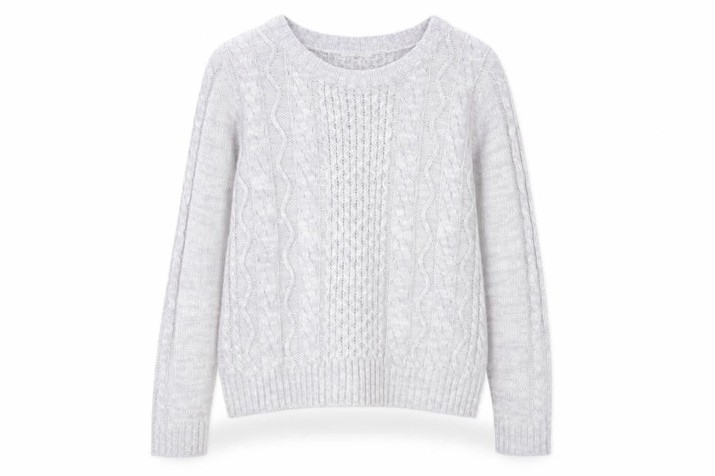 Front view of COLZA Women’s Grey Cable Knit Crew Neck Jumper, size M