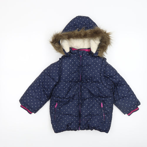 John Lewis Girls Blue Polka Dot Hooded Puffer Coat 5 Years Faux Fur Trim