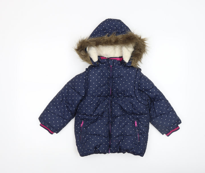 John Lewis Girls Blue Polka Dot Hooded Puffer Coat 5 Years Faux Fur Trim