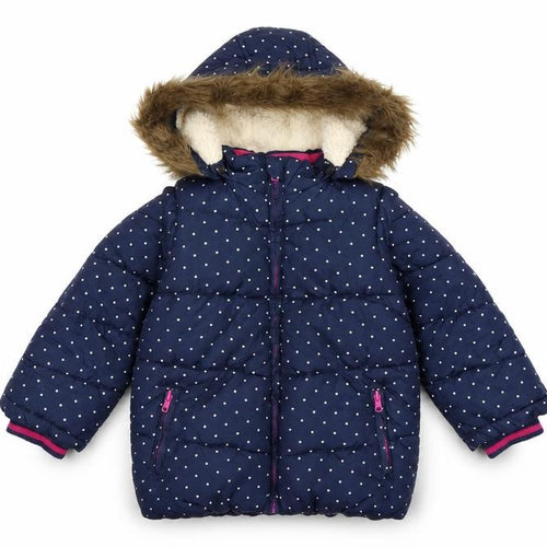 John Lewis Girls Blue Polka Dot Hooded Puffer Coat 5 Years Faux Fur Trim