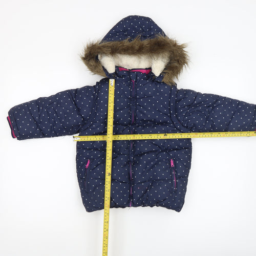 John Lewis Girls Blue Polka Dot Hooded Puffer Coat 5 Years Faux Fur Trim