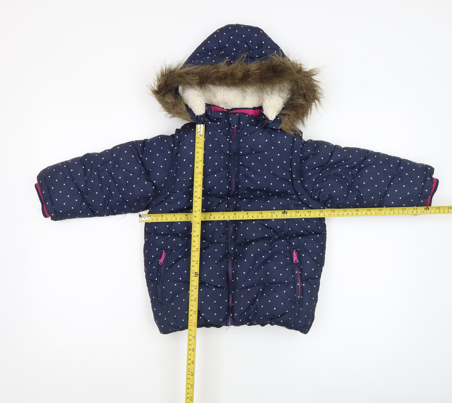 John Lewis Girls Blue Polka Dot Hooded Puffer Coat 5 Years Faux Fur Trim