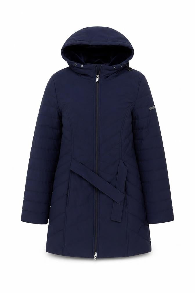 Front view of Centigrade Women's Blue Long Hooded Puffer Coat, size S