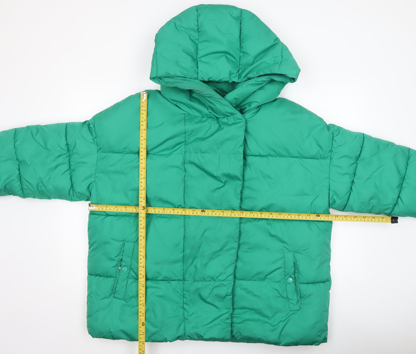 Primark Women Green L Puffer Jacket Hooded Mid-Length Winter Coat