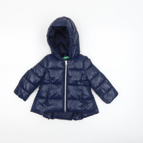 United Colors of Benetton Navy Blue Unisex Baby Puffer Jacket 12-18M Hooded Winter Coat