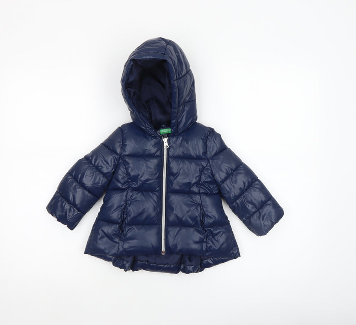 United Colors of Benetton Navy Blue Unisex Baby Puffer Jacket 12-18M Hooded Winter Coat