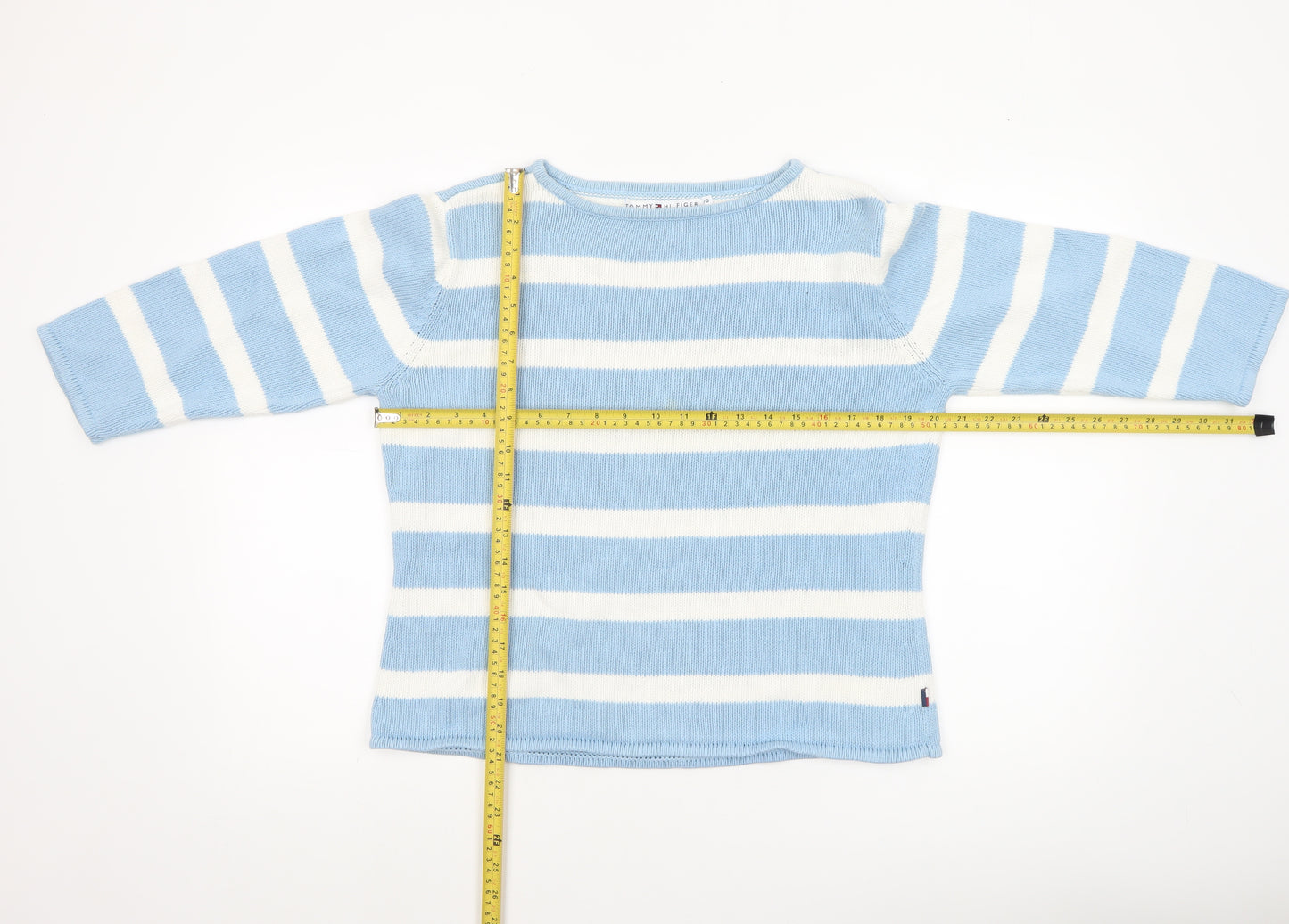 Tommy Hilfiger Women Blue White Striped Cotton Crew Neck Jumper M