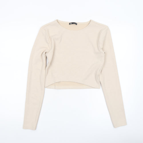 Zara Women's Beige Long Sleeve Cropped Ribbed T-Shirt Size L