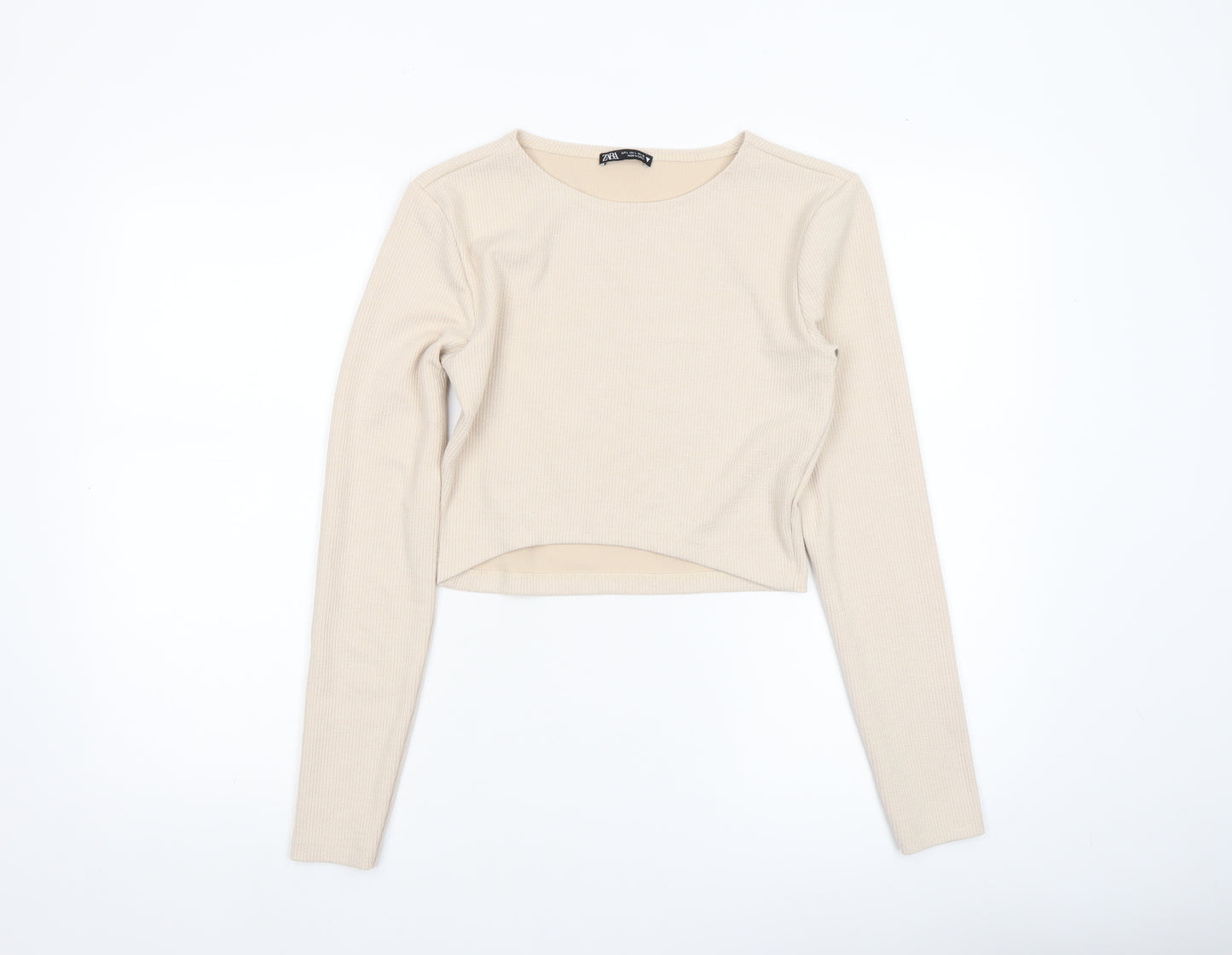 Zara Women's Beige Long Sleeve Cropped Ribbed T-Shirt Size L