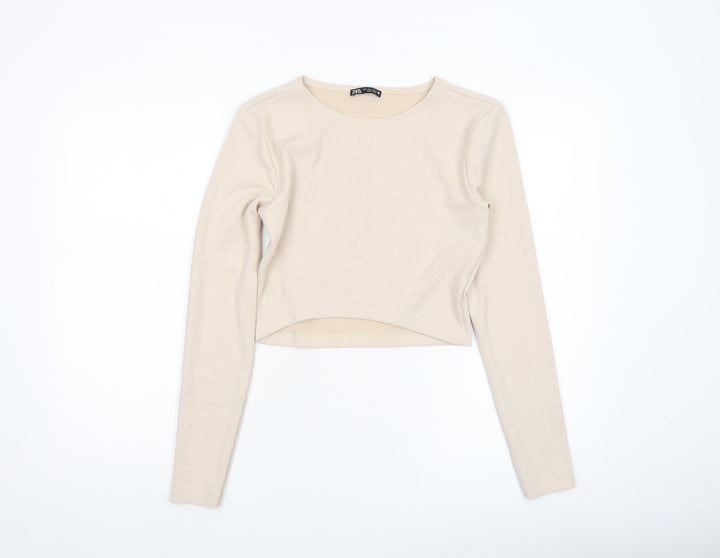 Zara Women's Beige Long Sleeve Cropped Ribbed T-Shirt Size L
