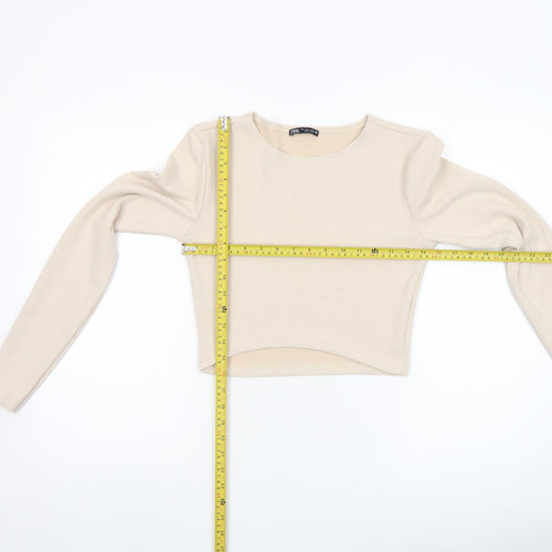 Zara Women's Beige Long Sleeve Cropped Ribbed T-Shirt Size L