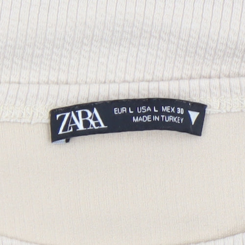 Zara Women's Beige Long Sleeve Cropped Ribbed T-Shirt Size L