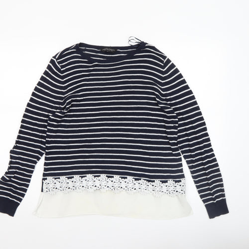 Dorothy Perkins Women's Blue Striped Lace Hem Jumper Size 14