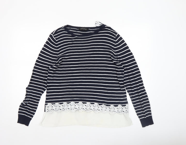 Dorothy Perkins Women's Blue Striped Lace Hem Jumper Size 14