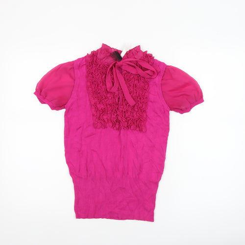 Next Women's Pink Ruffle Bow Short Sleeve High Neck Blouse Size 10