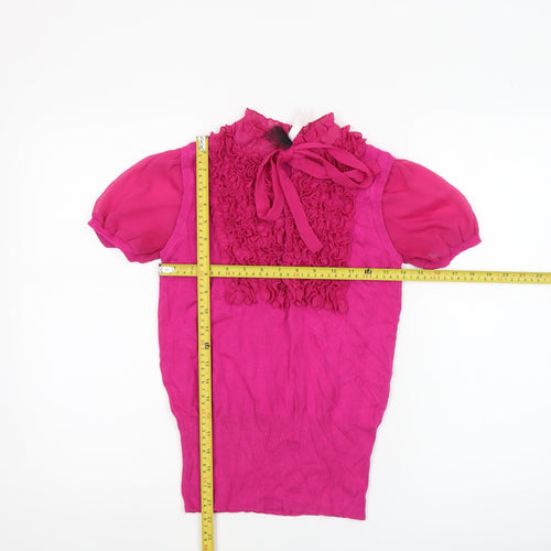 Next Women's Pink Ruffle Bow Short Sleeve High Neck Blouse Size 10