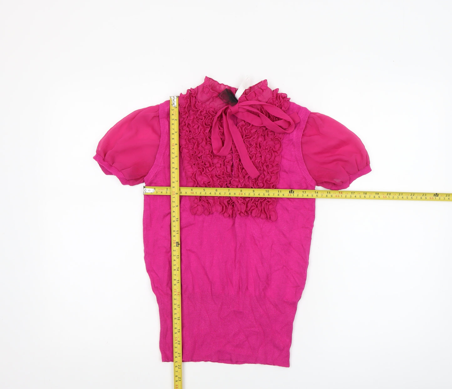 Next Women's Pink Ruffle Bow Short Sleeve High Neck Blouse Size 10