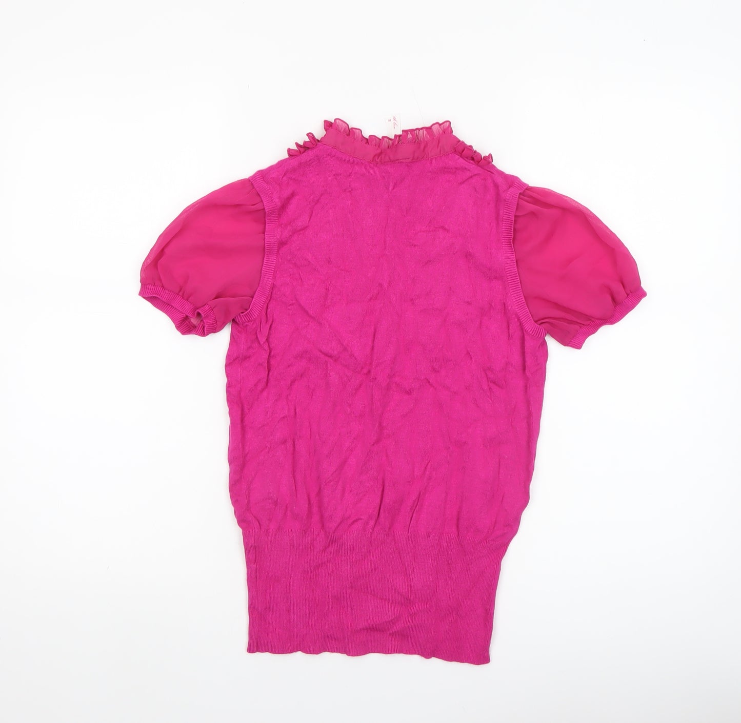 Next Women's Pink Ruffle Bow Short Sleeve High Neck Blouse Size 10