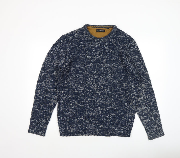 Brave Soul Men's Blue Crew Neck Cable-Knit Jumper Size S