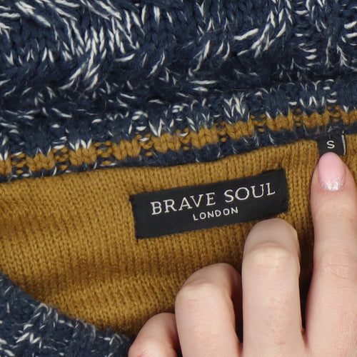 Brave Soul Men's Blue Crew Neck Cable-Knit Jumper Size S