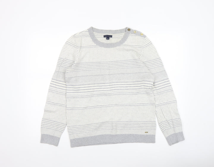Tommy Hilfiger Women’s Grey Striped Cotton Knit Jumper M Crew Neck