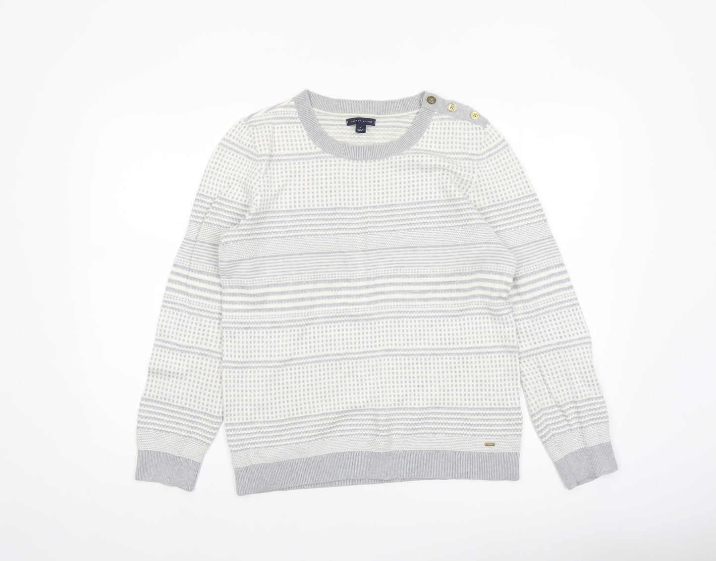 Tommy Hilfiger Women’s Grey Striped Cotton Knit Jumper M Crew Neck