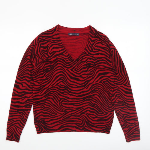 Marks and Spencer Women's Red Animal Print V-Neck Acrylic Jumper Size S