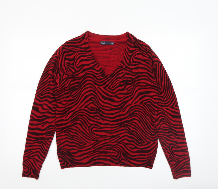 Marks and Spencer Women's Red Animal Print V-Neck Acrylic Jumper Size S