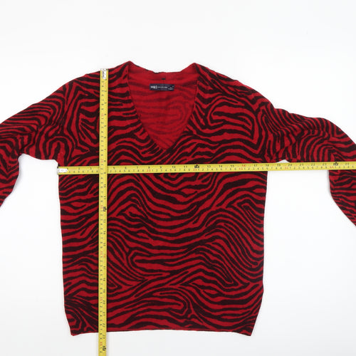 Marks and Spencer Women's Red Animal Print V-Neck Acrylic Jumper Size S